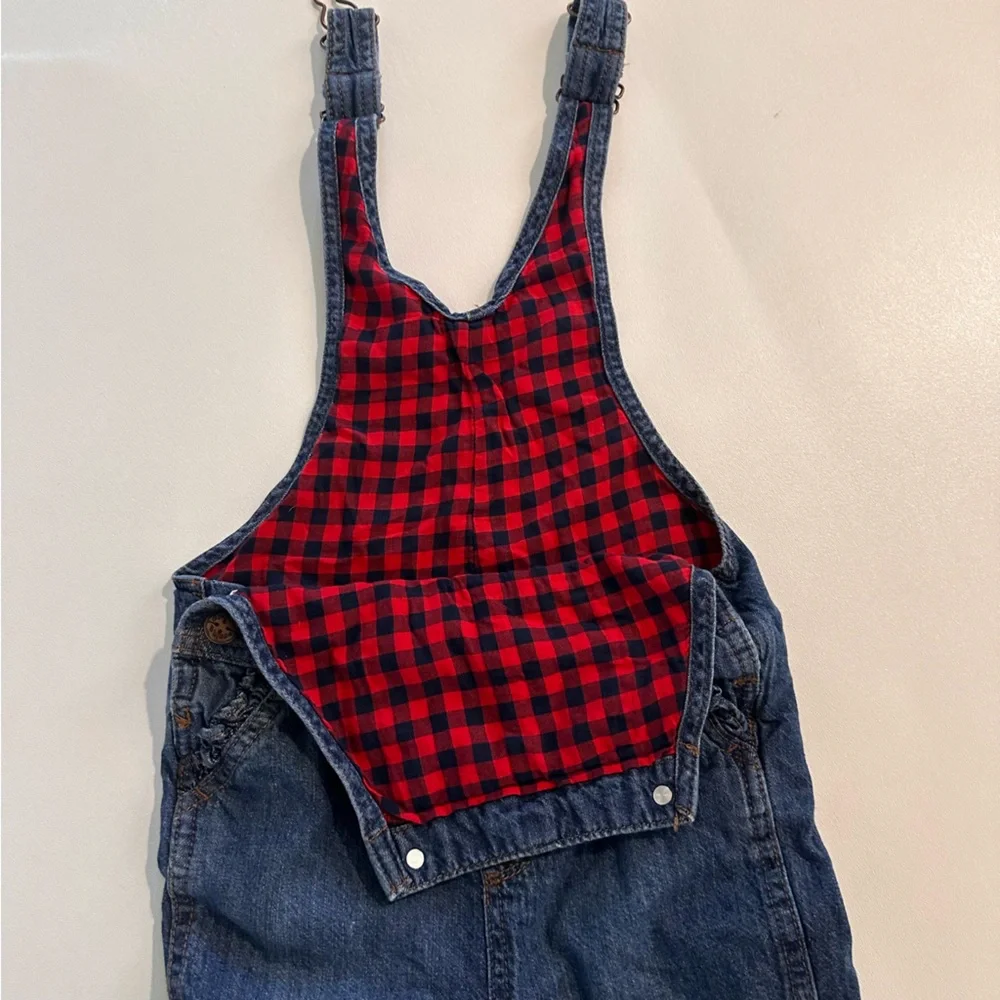 Oshkosh Girls Size 4T Buffalo Plaid Lined Denim Overalls Bib Ruffle Pockets